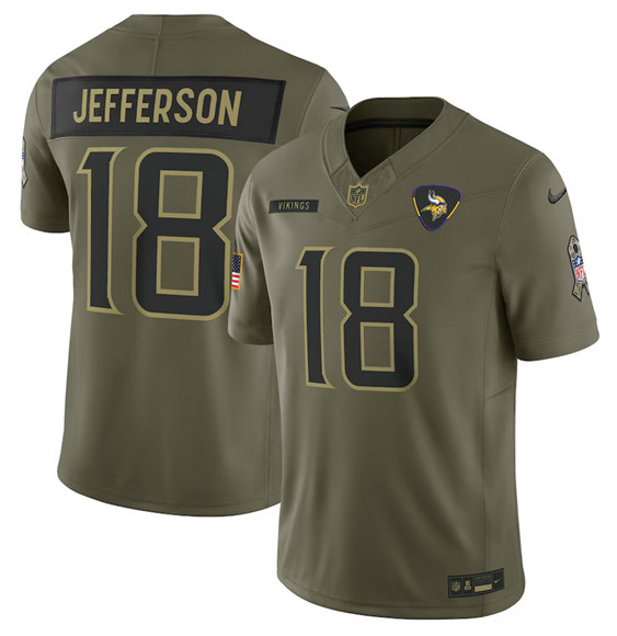 Men's Minnesota Vikings 18 Justin Jefferson Olive 2025 Salute to Service Limited Football Stitched Jersey