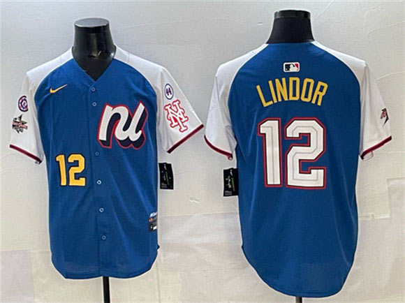 Men's National League 12 Francisco Lindor Blue Alternate 2025 All Star With Patch Edition Limited Stitched Baseball Jersey