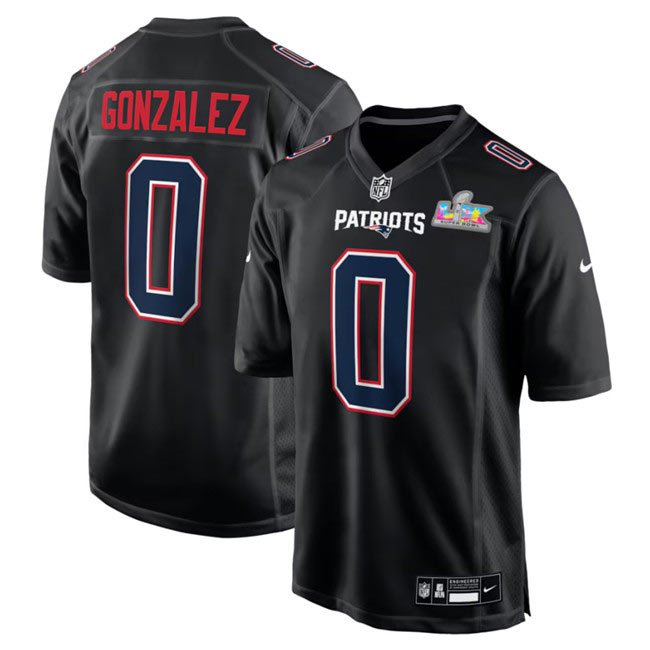 Men's New England Patriots 0 Christian Gonzalez Black 2025 Super Bowl LX Patch Carbon Fashion Stitched Game Jersey