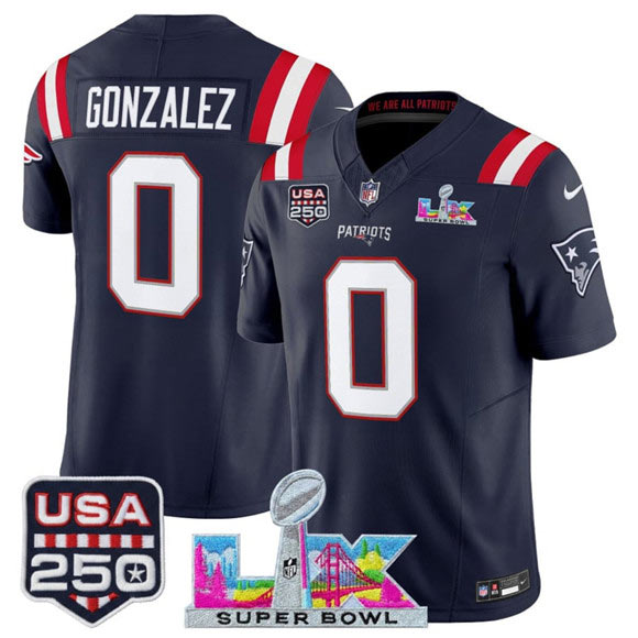 Men's New England Patriots 0 Christian Gonzalez Navy 2025 F.U.S.E. Super Bowl LX Patch And USA 250' Patch Vapor Limited Football Stitched Jersey