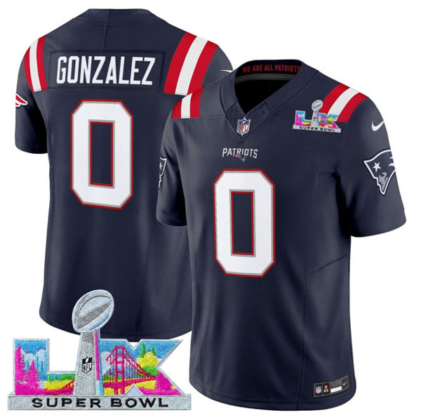 Men's New England Patriots 0 Christian Gonzalez Navy 2025 F.U.S.E. Super Bowl LX Patch Vapor Limited Football Stitched Jersey