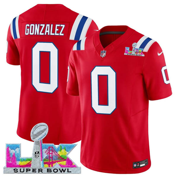 Men's New England Patriots 0 Christian Gonzalez Red 2025 F.U.S.E. Super Bowl LX Patch Vapor Limited Football Stitched Jersey