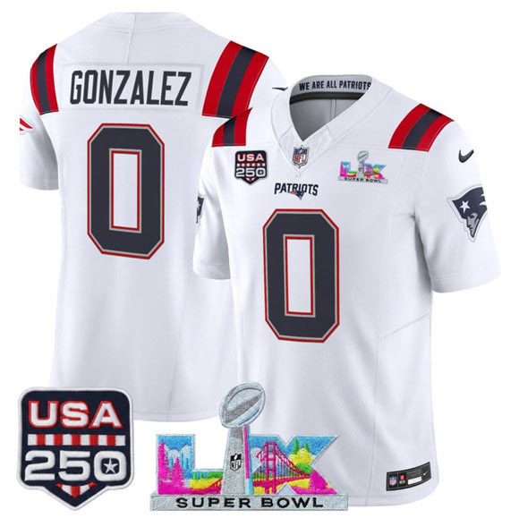 Men's New England Patriots 0 Christian Gonzalez White 2025 F.U.S.E. Super Bowl LX Patch And USA 250' Patch Vapor Limited Football Stitched Jersey