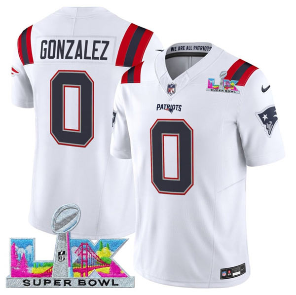 Men's New England Patriots 0 Christian Gonzalez White 2025 F.U.S.E. Super Bowl LX Patch Vapor Limited Football Stitched Jersey