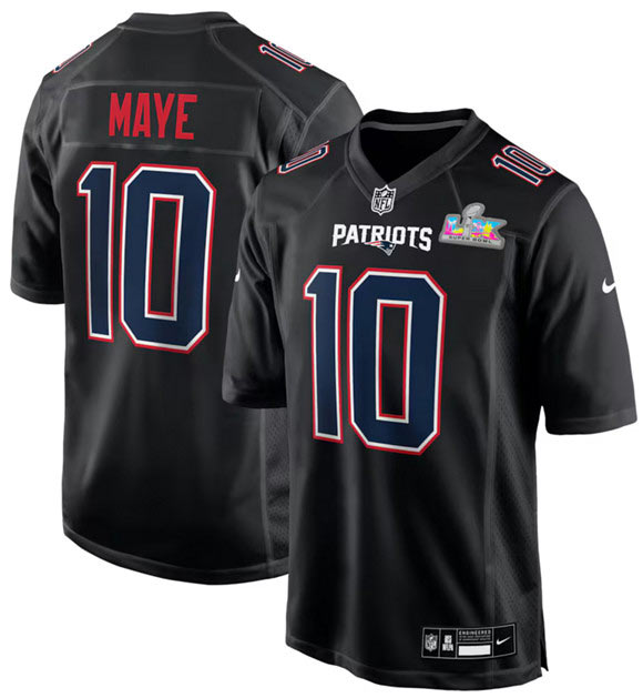Men's New England Patriots 10 Drake Maye Black 2025 Super Bowl LX Patch Carbon Fashion Stitched Game Jersey