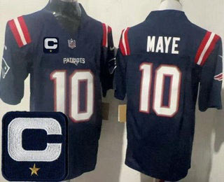 Men's New England Patriots 10 Drake Maye Limited Navy Captain Patch FUSE Vapor Jersey
