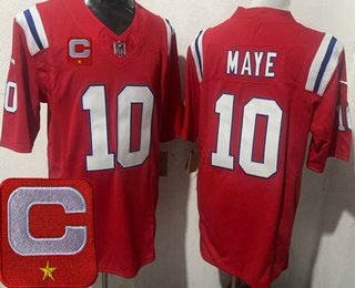 Men's New England Patriots 10 Drake Maye Limited Red Captain Patch FUSE Vapor Jersey