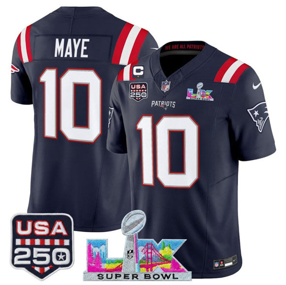 Men's New England Patriots 10 Drake Maye Navy 2025 F.U.S.E. 1 Star C Patch And Super Bowl LX Patch & USA 250' Patch Vapor Limited Football Stitched Jersey