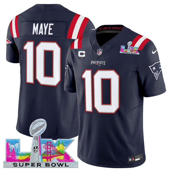 Men's New England Patriots 10 Drake Maye Navy 2025 F.U.S.E. Super Bowl LX Patch And 1 Star C Patch Vapor Limited Football Stitched Jersey