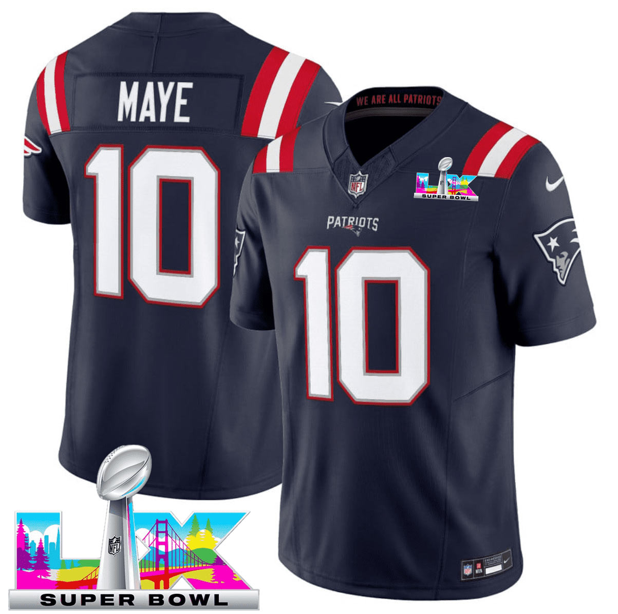 Men's New England Patriots 10 Drake Maye Navy 2025 F.U.S.E