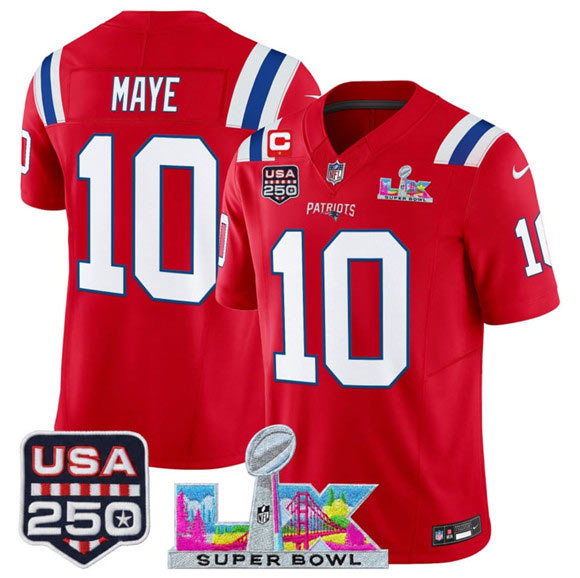 Men's New England Patriots 10 Drake Maye Red 2025 F.U.S.E. 1 Star C Patch And Super Bowl LX Patch & USA 250' Patch Vapor Limited Football Stitched Jersey