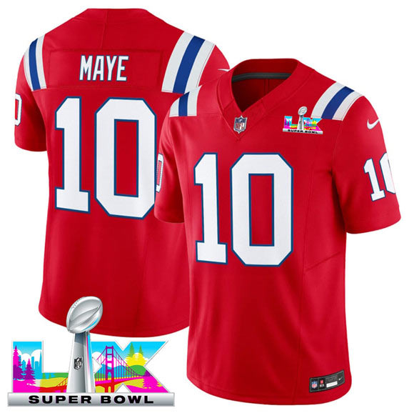 Men's New England Patriots 10 Drake Maye Red 2025 F.U.S.E. Super Bowl LX Patch Vapor Limited Football Stitched Jersey