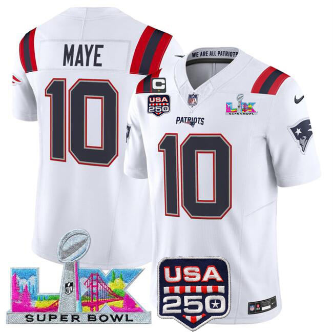 Men's New England Patriots 10 Drake Maye White 2025 F.U.S.E. Super Bowl LX Patch USA 250' Patch Vapor Limited Football Stitched Jersey