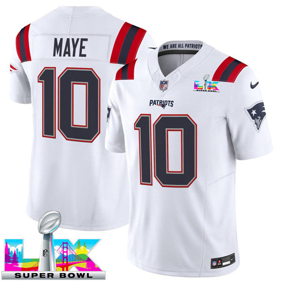Men's New England Patriots 10 Drake Maye White 2025 F.U.S.E. Super Bowl LX Patch Vapor Limited Football Stitched Jersey