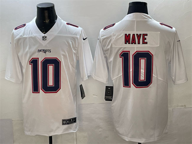 Men's New England Patriots 10 Drake Maye White Fashion Vapor Untouchable Limited Stitched Football Jersey