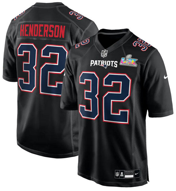 Men's New England Patriots 32 TreVeyon Henderson Black 2025 Super Bowl LX Patch Carbon Fashion Stitched Game Jersey
