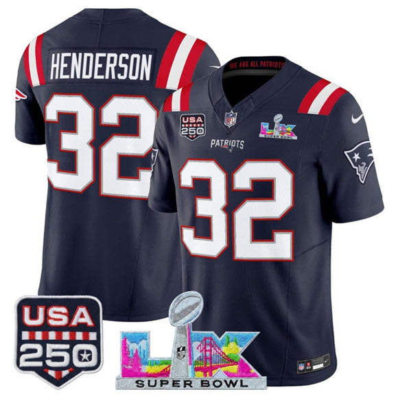 Men's New England Patriots 32 TreVeyon Henderson Navy 2025 F.U.S.E. Super Bowl LX Patch And USA 250' Patch Vapor Limited Football Stitched Jersey