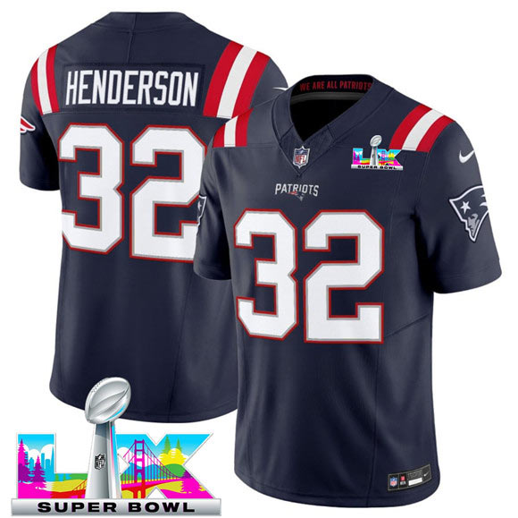 Men's New England Patriots 32 TreVeyon Henderson Navy 2025 F.U.S.E. Super Bowl LX Patch Limited Football Stitched Jersey