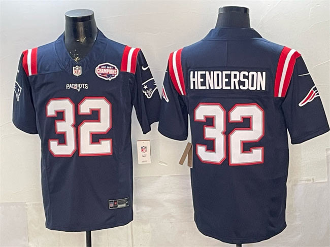 Men's New England Patriots 32 TreVeyon Henderson Navy F.U.S.E. 2025 AFC East Championship Patch Vapor Limited Stitched Football Jersey