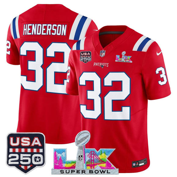 Men's New England Patriots 32 TreVeyon Henderson Red 2025 F.U.S.E. Super Bowl LX Patch And USA 250' Patch Vapor Limited Football Stitched Jersey
