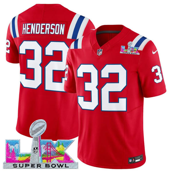 Men's New England Patriots 32 TreVeyon Henderson Red 2025 F.U.S.E. Super Bowl LX Patch Vapor Limited Football Stitched Jersey