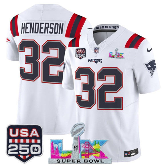 Men's New England Patriots 32 TreVeyon Henderson White 2025 F.U.S.E. Super Bowl LX Patch And USA 250' Patch Vapor Limited Football Stitched Jersey