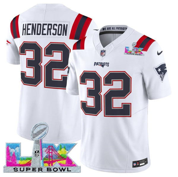 Men's New England Patriots 32 TreVeyon Henderson White 2025 F.U.S.E. Super Bowl LX Patch Vapor Limited Football Stitched Jersey