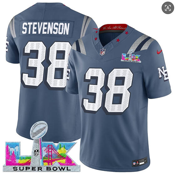Men's New England Patriots 38 Rhamondre Stevenson Storm Blue 2025 F.U.S.E