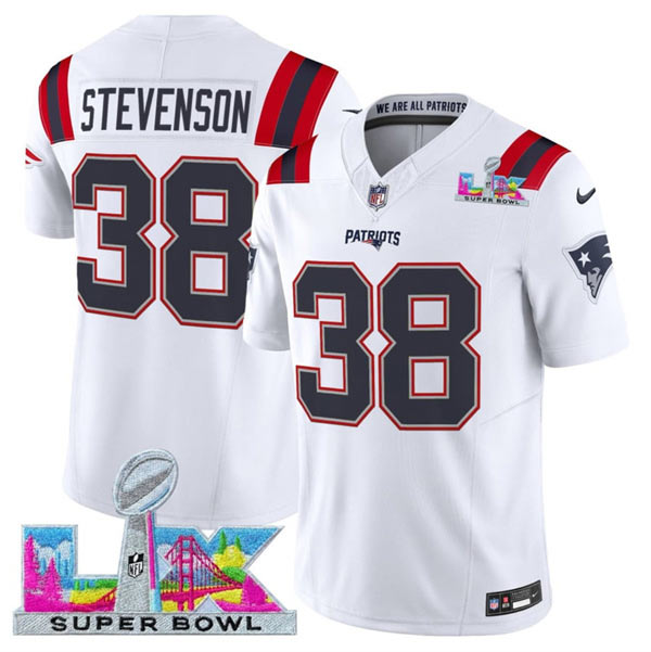 Men's New England Patriots 38 Rhamondre Stevenson White 2025 F.U.S.E. Super Bowl LX Patch Vapor Limited Football Stitched Jersey