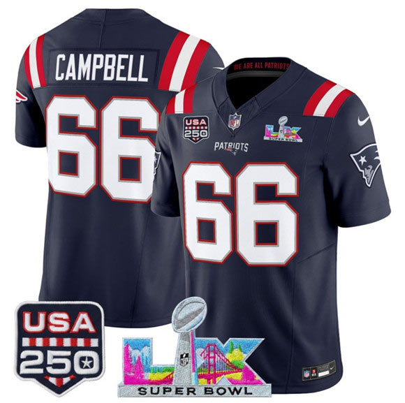 Men's New England Patriots 66 Will Campbell Navy 2025 F.U.S.E. Super Bowl LX Patch And USA 250' Patch Vapor Limited Football Stitched Jersey