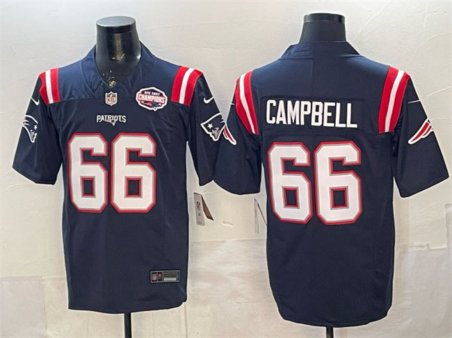 Men's New England Patriots 66 Will Campbell Navy F.U.S.E. 2025 AFC East Championship Patch Vapor Limited Stitched Football Jersey