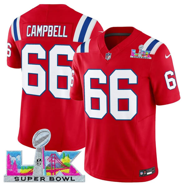 Men's New England Patriots 66 Will Campbell Red 2025 F.U.S.E. Super Bowl LX Patch Vapor Limited Football Stitched Jersey