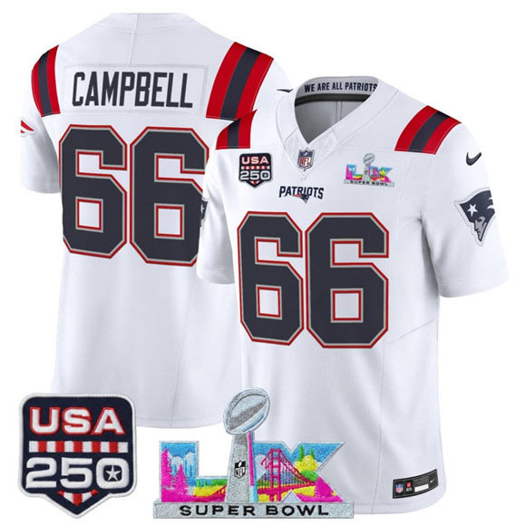 Men's New England Patriots 66 Will Campbell White 2025 F.U.S.E. Super Bowl LX Patch And USA 250' Patch Vapor Limited Football Stitched Jersey