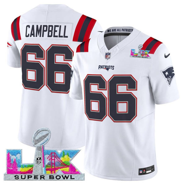 Men's New England Patriots 66 Will Campbell White 2025 F.U.S.E. Super Bowl LX Patch Vapor Limited Football Stitched Jersey