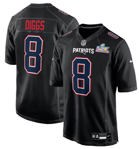 Men's New England Patriots 8 Stefon Diggs Black 2025 Super Bowl LX Patch Carbon Fashion Stitched Game Jersey