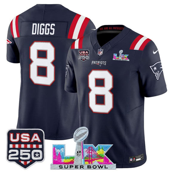 Men's New England Patriots 8 Stefon Diggs Navy 2025 F.U.S.E. Super Bowl LX Patch And USA 250' Patch Vapor Limited Football Stitched Jersey