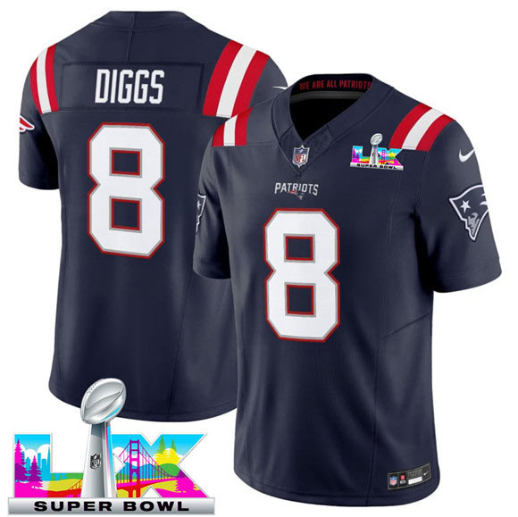 Men's New England Patriots 8 Stefon Diggs Navy 2025 F.U.S.E. Super Bowl LX Patch Vapor Limited Football Stitched Jersey