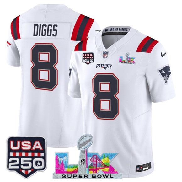 Men's New England Patriots 8 Stefon Diggs White 2025 F.U.S.E. Super Bowl LX Patch And USA 250' Patch Vapor Limited Football Stitched Jersey