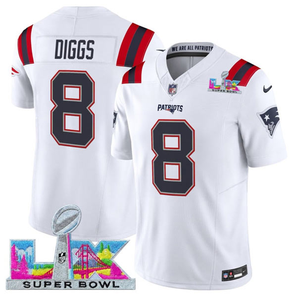 Men's New England Patriots 8 Stefon Diggs White 2025 F.U.S.E. Super Bowl LX Patch Vapor Limited Football Stitched Jersey