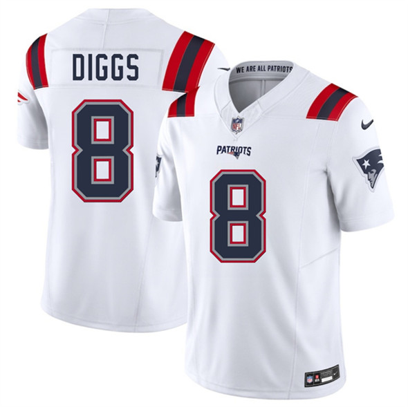 Men's New England Patriots 8 Stefon Diggs White 2025 F.U.S.E. Vapor Limited Football Stitched Jersey