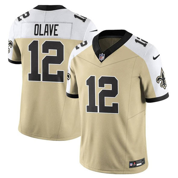 Men's New Orleans Saints 12 Chris Olave Gold White Alternate 2025 F.U.S.E. Vapor Limited Football Stitched Jersey
