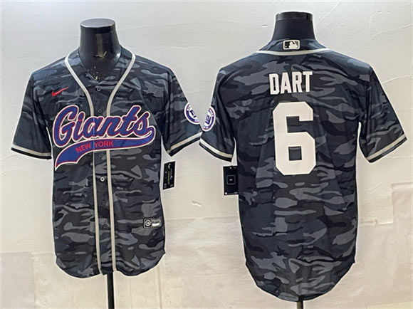Men's New York Giants 6 Jaxson Dart Gray Camo With Patch Cool Base Stitched Baseball Jersey