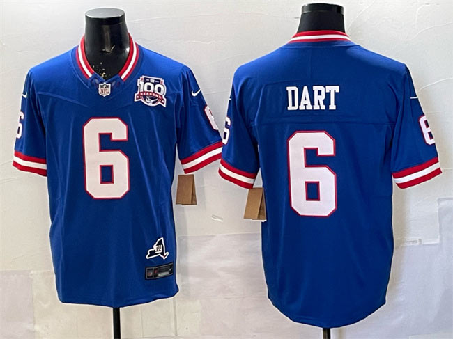 Men's New York Giants 6 Jaxson Dart Royal 2025 Draft F.U.S.E. 100th Season & State Patch Vapor Limited Football Stitched Jersey