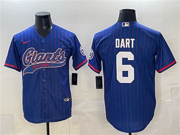 Men's New York Giants 6 Jaxson Dart Royal Pinstripe With Patch Cool Base Stitched Baseball Jersey