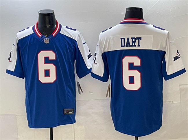 Men's New York Giants 6 Jaxson Dart Royal White 2025 Draft F.U.S.E. State Patch Vapor Limited Stitched Football Jersey