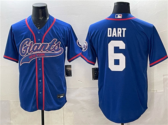 Men's New York Giants 6 Jaxson Dart Royal With Patch Cool Base Stitched Baseball Jersey