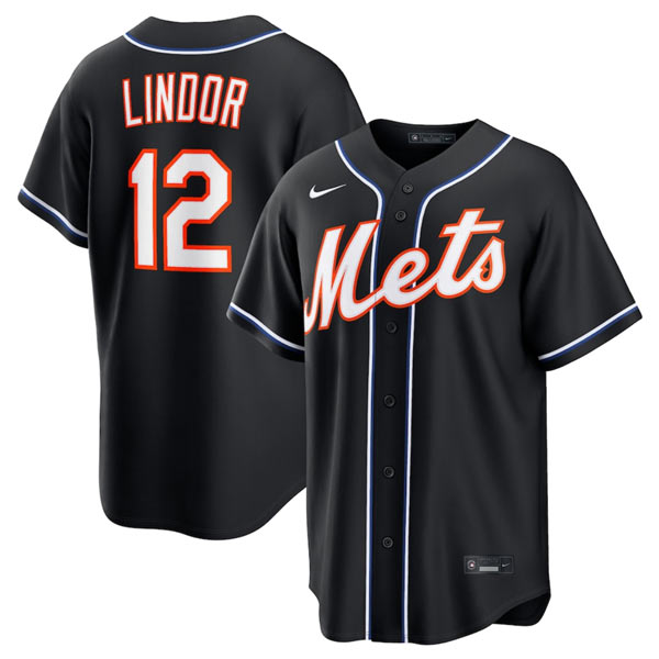 Men's New York Mets 12 Francisco Lindor 2026 Black Out Stitched Baseball Jersey