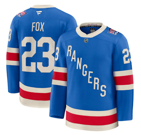 Men's New York Rangers 23 Adam Fox Blue Centennial Stitched Hockey Jersey