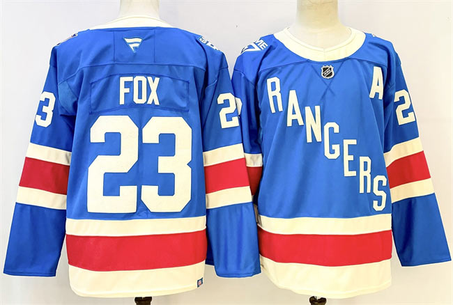 Men's New York Rangers 23 Adam Fox Blue With A Patch Stitched Hockey Jersey