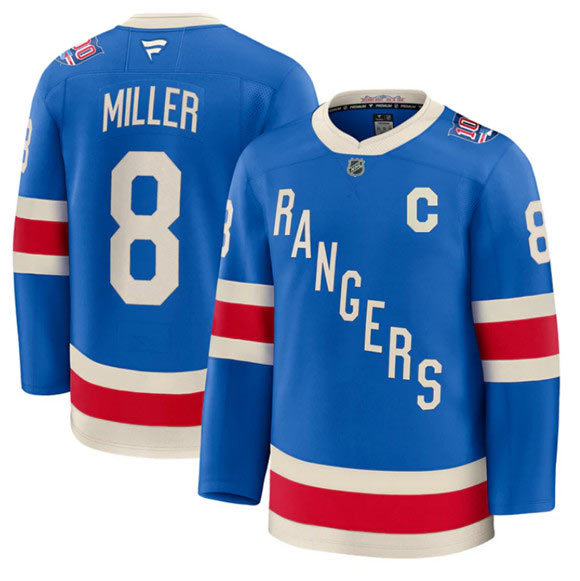 Men's New York Rangers 8 JT Miller Blue Centennial With C Patch Stitched Hockey Jersey